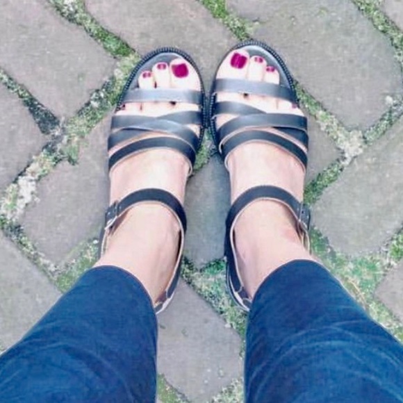 Black Distressed Leather Block Heel Sandals - Picture 1 of 6